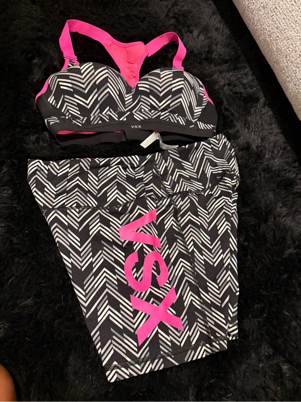 VSX Black & Hot Pink Chevron Sports Bra and Shorts Set